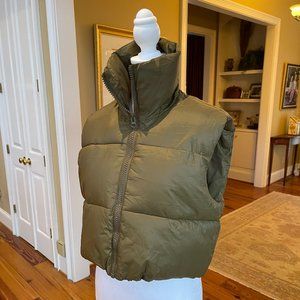 Women's Cropped Puffer Vest Winter Stand Collar Sleeveless Army Green Sz M
